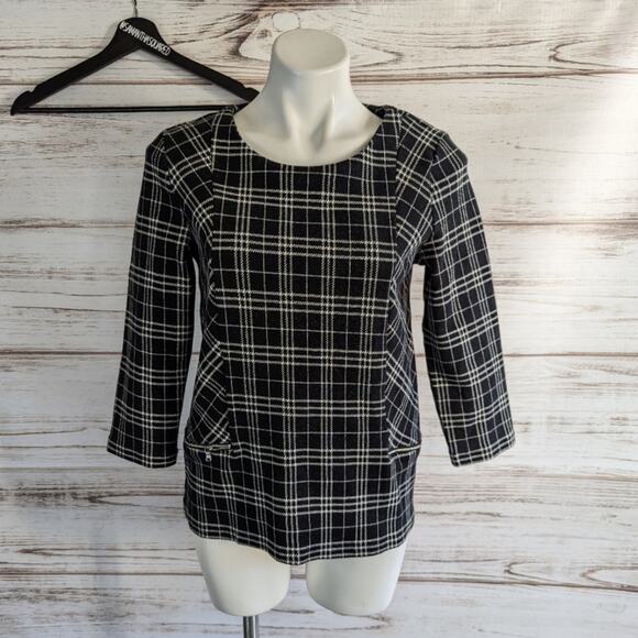 Talbots Stripe Long Sleeve Glen Check Plaid Top sz Medium - Picture 1 of 5